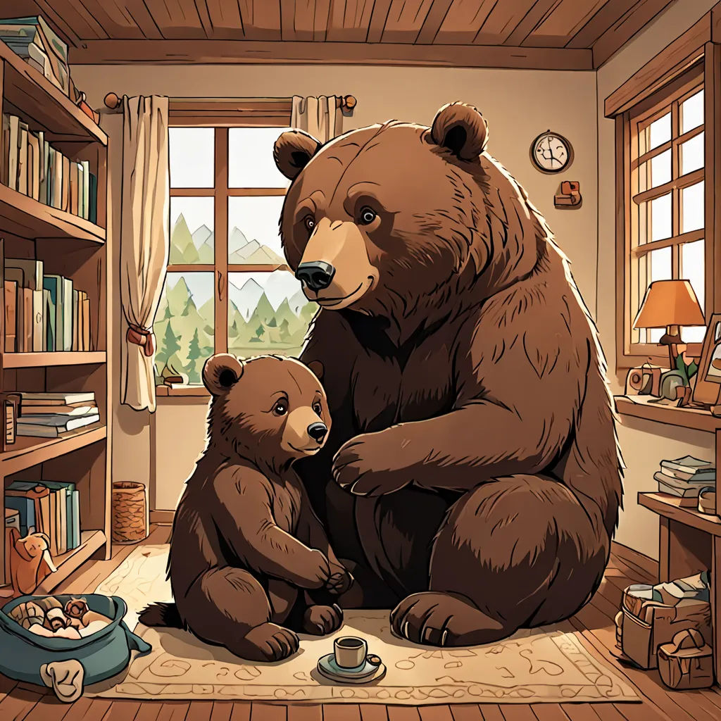 a bear and her cub are sitting in a room with a window and bookshelves on the wall, furry art, a storybook illustration, Chris LaBrooy, storybook illustration