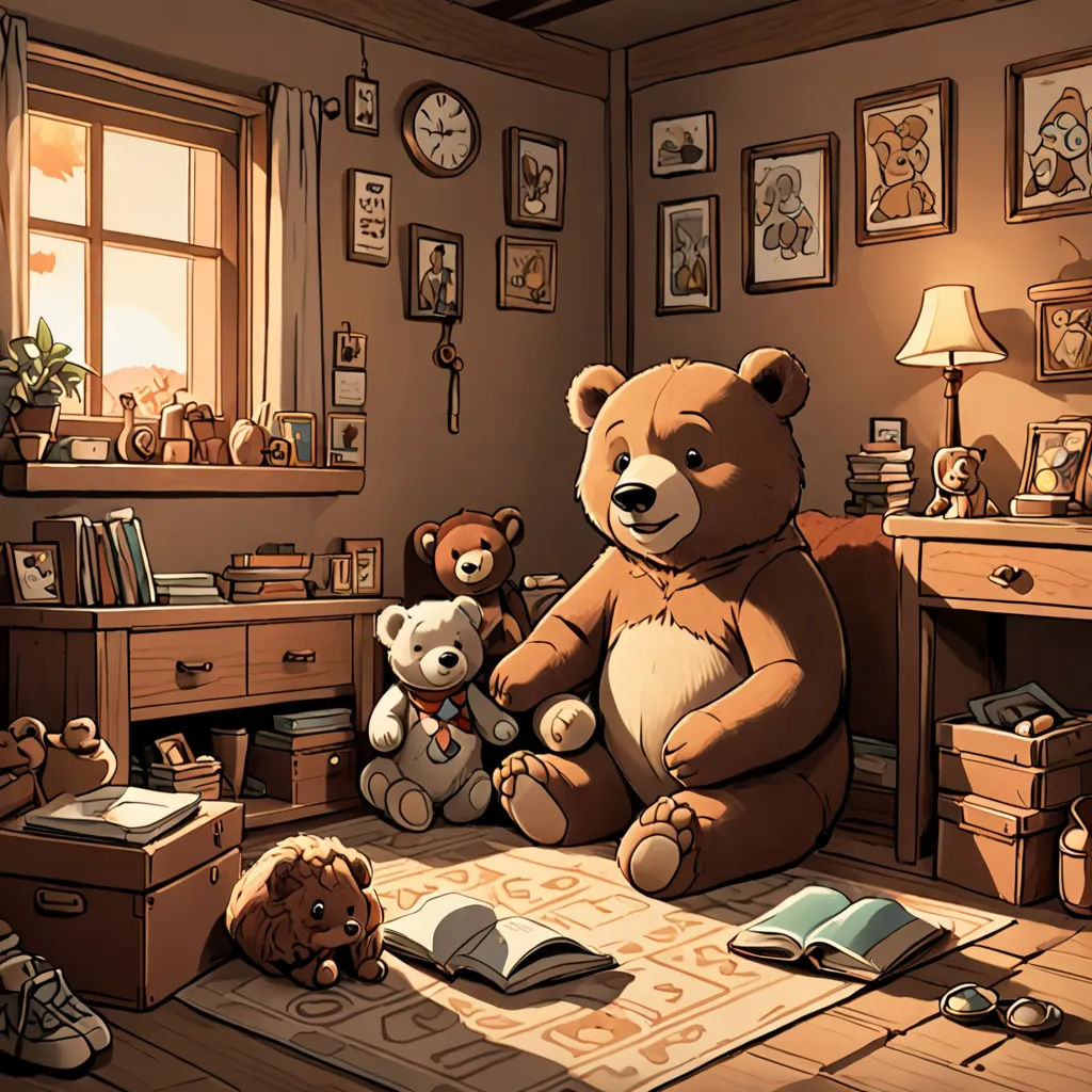 a teddy bear sitting on a bed next to a teddy bear and a book in a room with a window, furry art, a storybook illustration, Chris LaBrooy, rossdraws global illumination