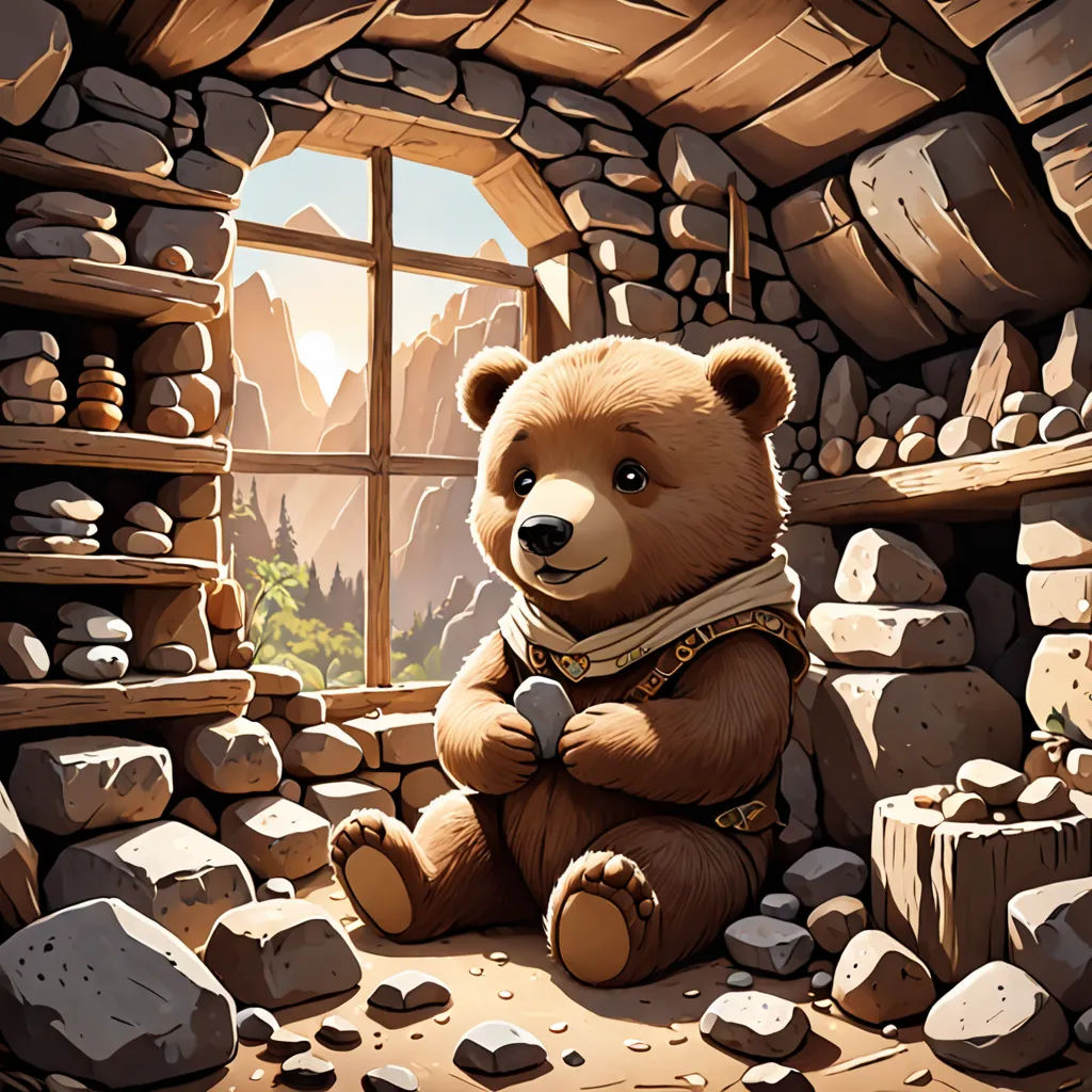 a brown bear sitting in a stone room with a window and rocks on the ground and a mountain in the background, fantasy art, a storybook illustration, Chris LaBrooy, magic the gathering artwork