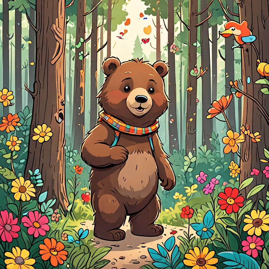 a bear standing in the middle of a forest with flowers and birds around it, with a scarf around its neck, furry art, a storybook illustration, Chris LaBrooy, official art