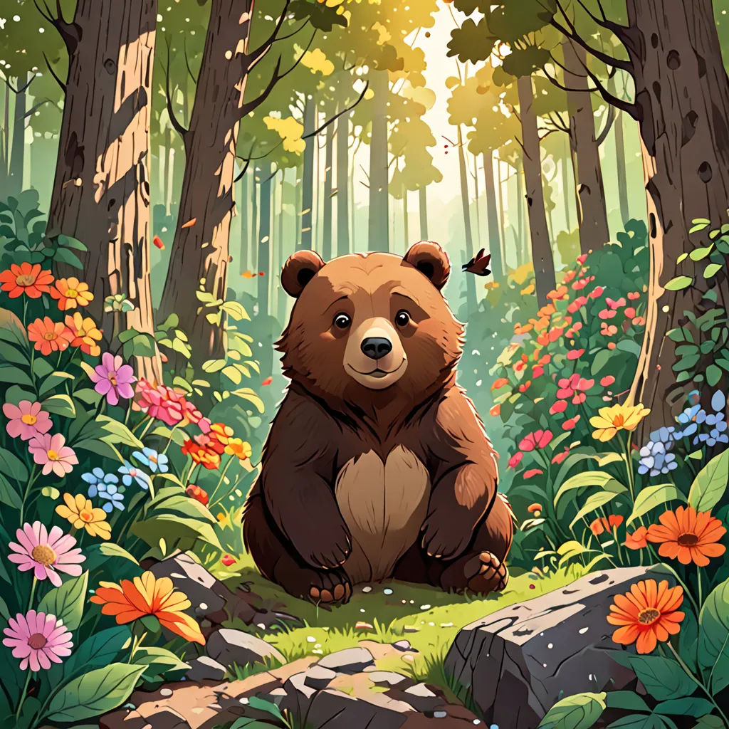 a bear sitting in the middle of a forest with flowers and trees around it, with a butterfly flying above, environmental art, a storybook illustration, Chris LaBrooy, official art