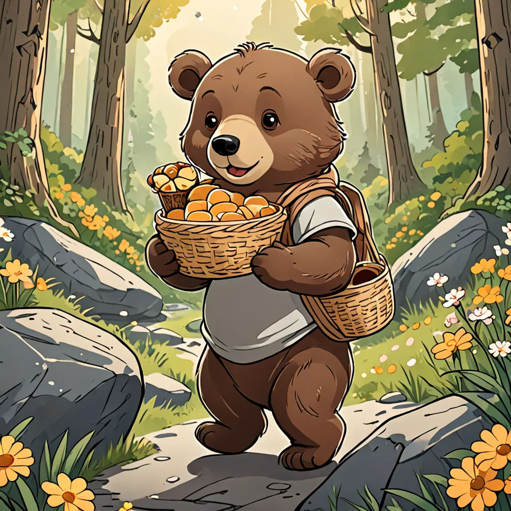 a bear holding a basket of food in a forest with flowers and rocks in the background, with a path leading to the woods, fantasy art, a storybook illustration, Dan Mumford, official art