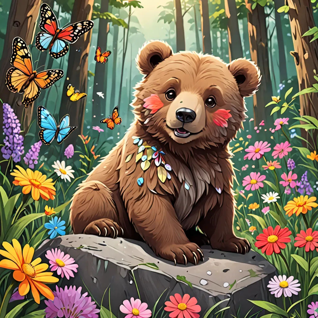 a bear sitting on a rock in a forest with butterflies and flowers around it, with a butterfly on its nose, furry art, a character portrait, Chris LaBrooy, official art