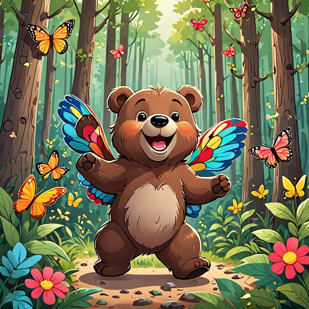 a bear with wings in the forest surrounded by butterflies and flowers, with a butterfly on its back, and a bear with wings, on a path with flowers and butterflies, fantasy art, a storybook illustration, Chris LaBrooy, official art