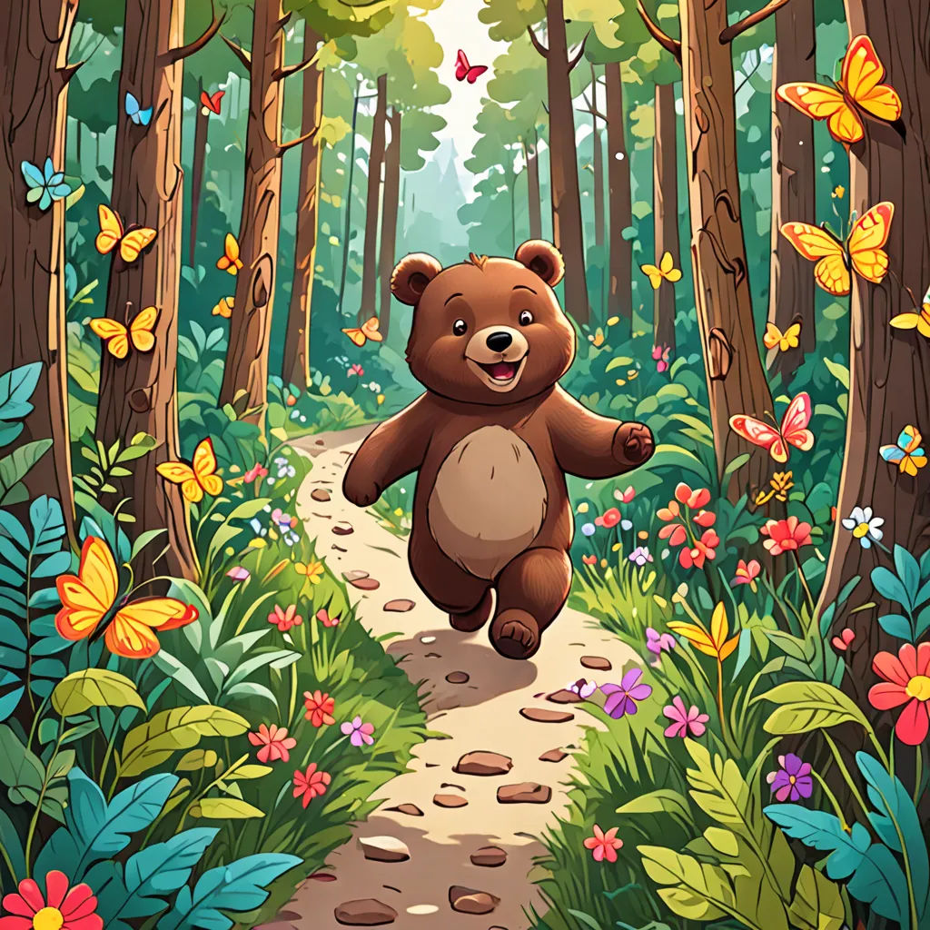 a brown bear is running through a forest with butterflies on the trees and flowers around him and a path leading to the bear, environmental art, a storybook illustration, Chris LaBrooy, storybook illustration