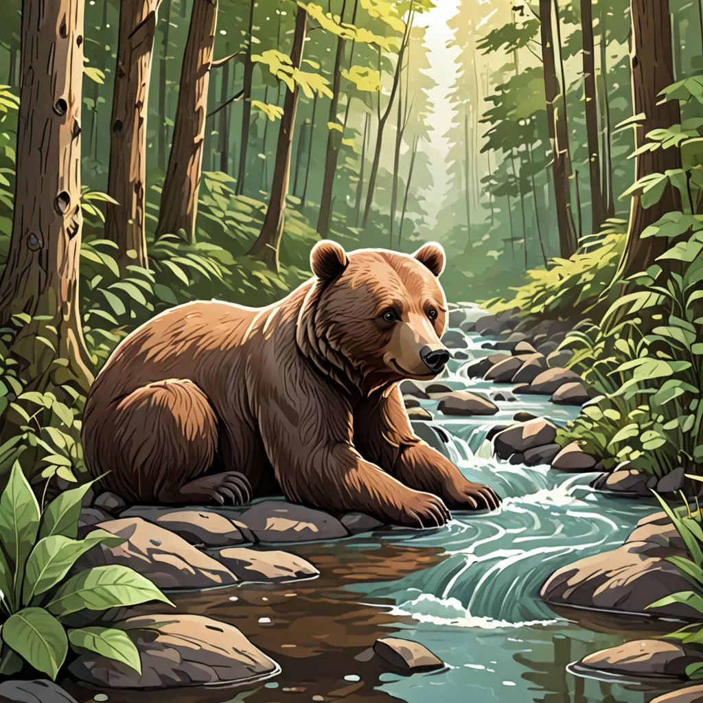 a bear sitting on a rock in a forest next to a stream of water and trees with green leaves, environmental art, a storybook illustration, Dan Mumford, official art