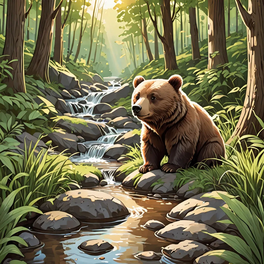 a bear sitting on a rock in a forest with a stream running through it and trees and rocks surrounding it, environmental art, a storybook illustration, Dan Mumford, official art