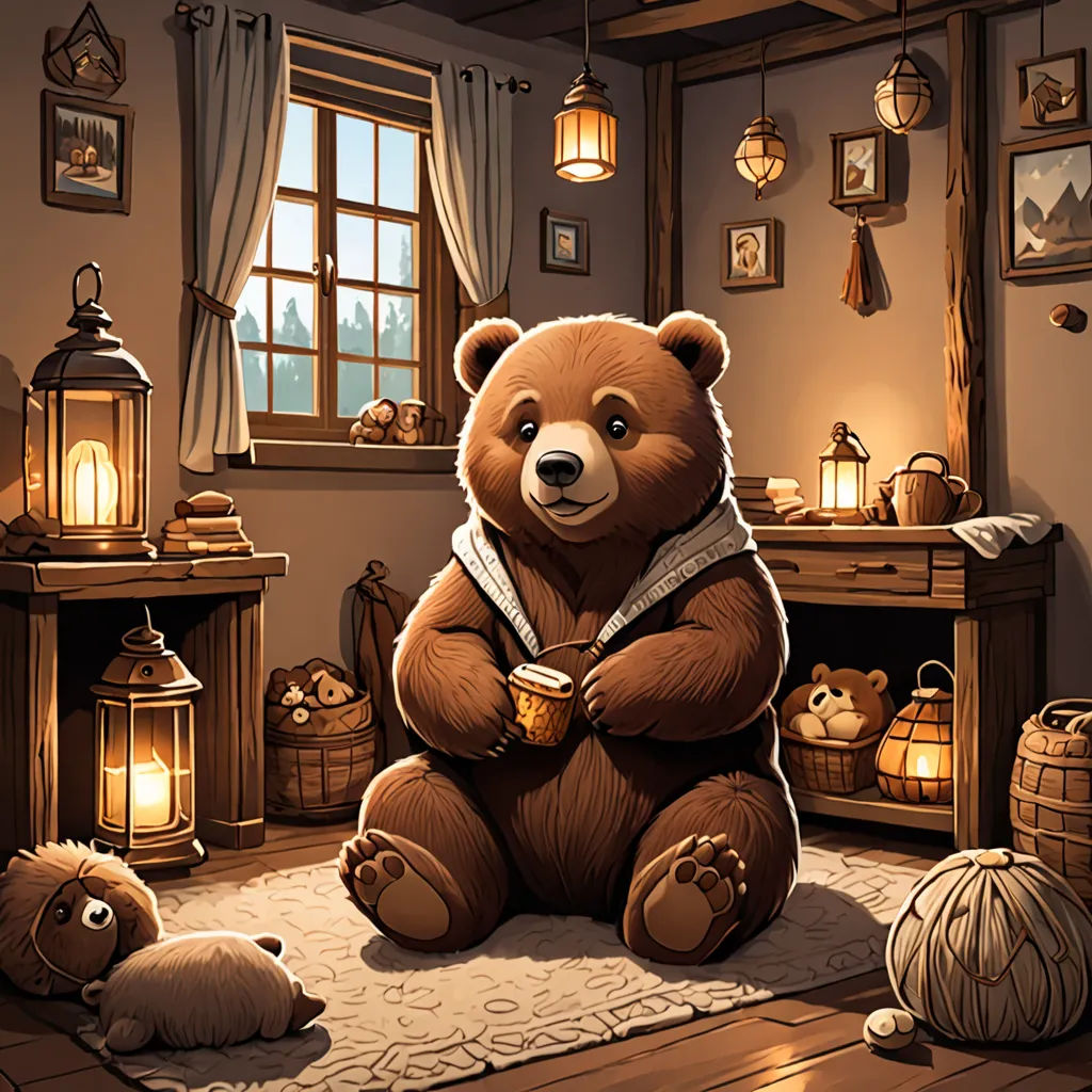 a teddy bear sitting on a rug in a room with a lamp and other items around it, and a teddy bear sitting on a rug, fantasy art, a storybook illustration, Dan Mumford, official art