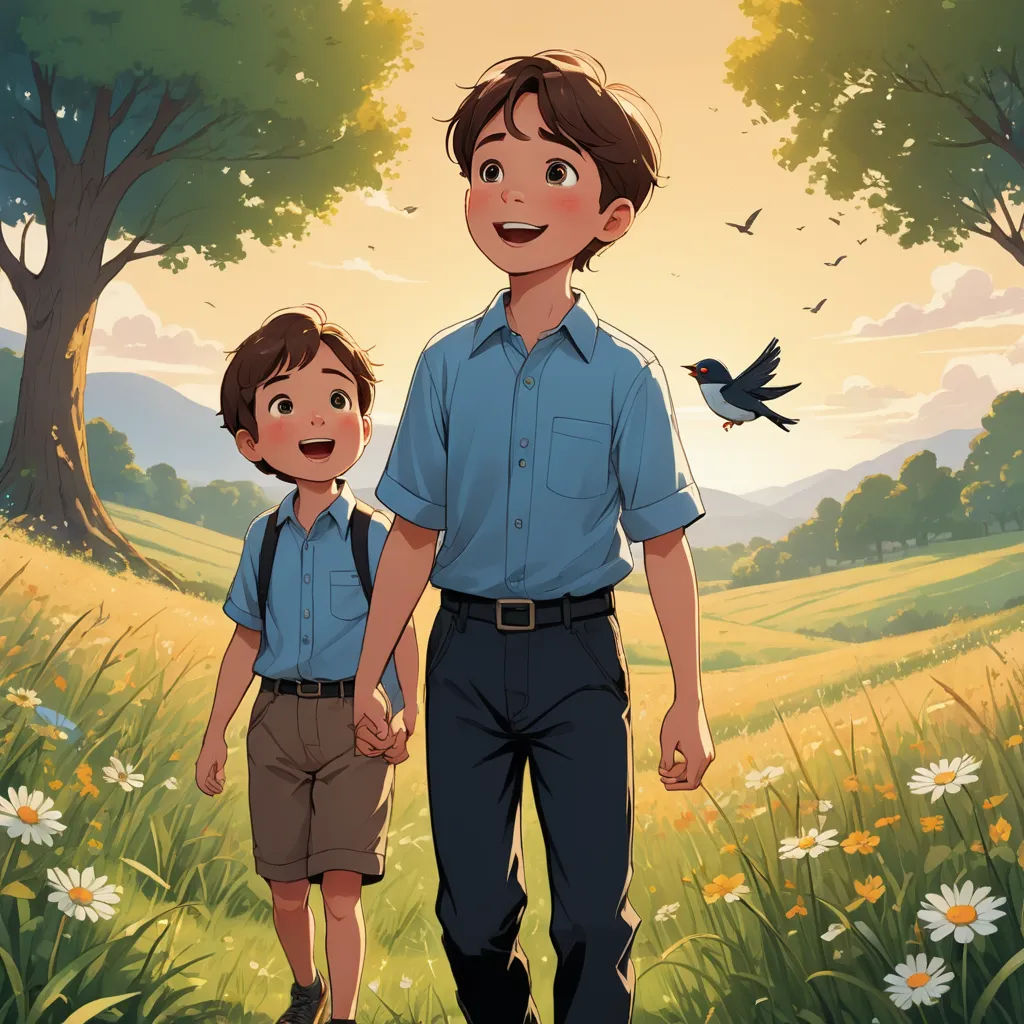 a boy and a boy are walking in a field with a bird on his shoulder and a bird on his shoulder, environmental art, a storybook illustration, Brothers Hildebrandt, official art
