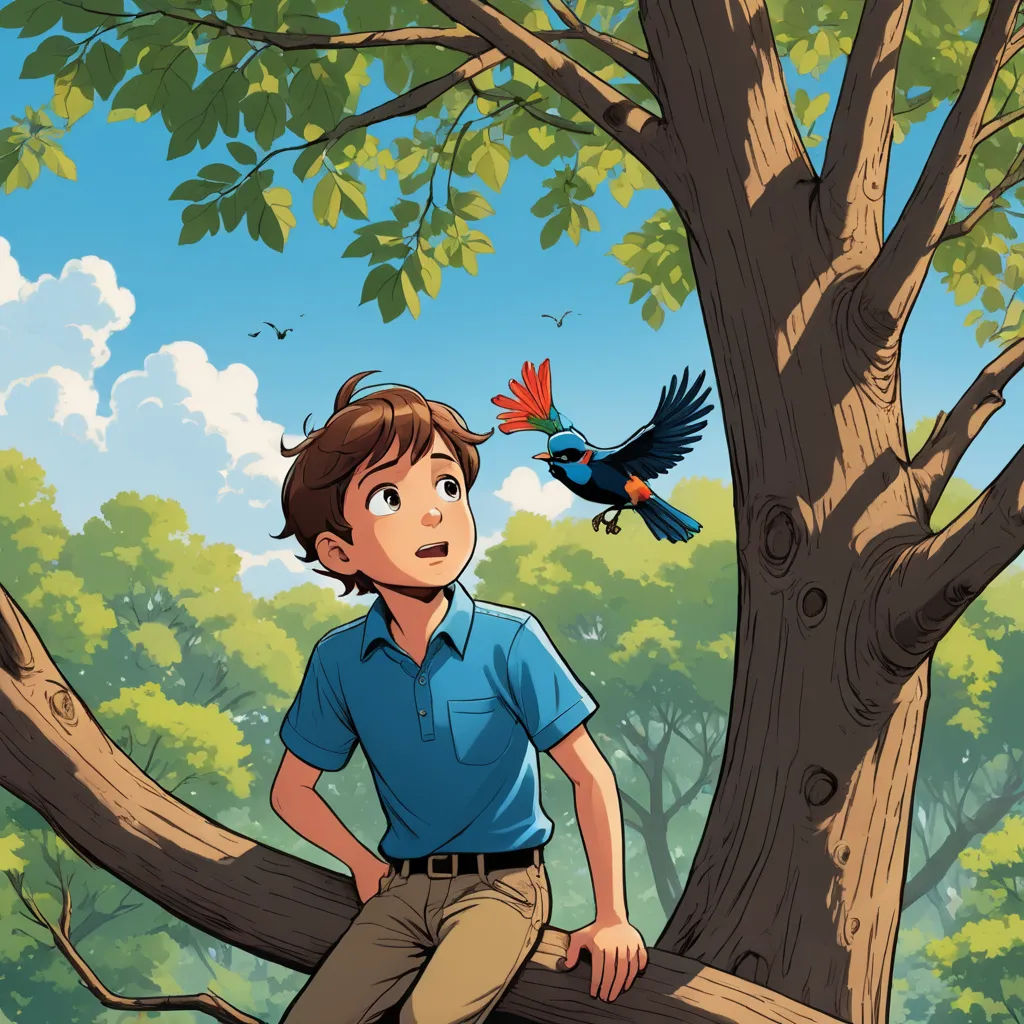 a boy sitting on a tree branch with a bird flying over him and a bird flying over him from the tree, process art, a storybook illustration, Cliff Childs, storybook illustration