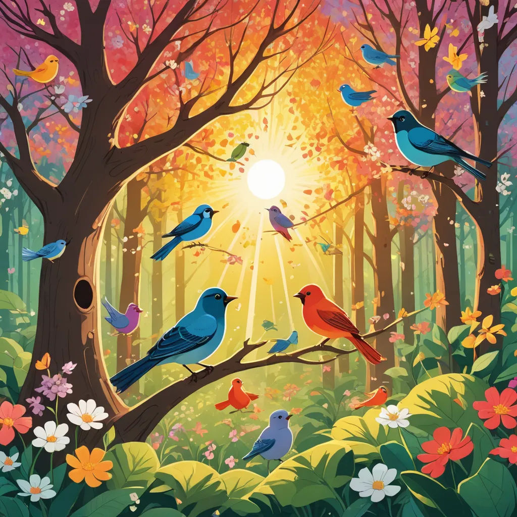 a painting of birds sitting on a tree branch in a forest with flowers and trees in the background, with the sun shining through the trees, fantasy art, a storybook illustration, Chris LaBrooy, rossdraws global illumination