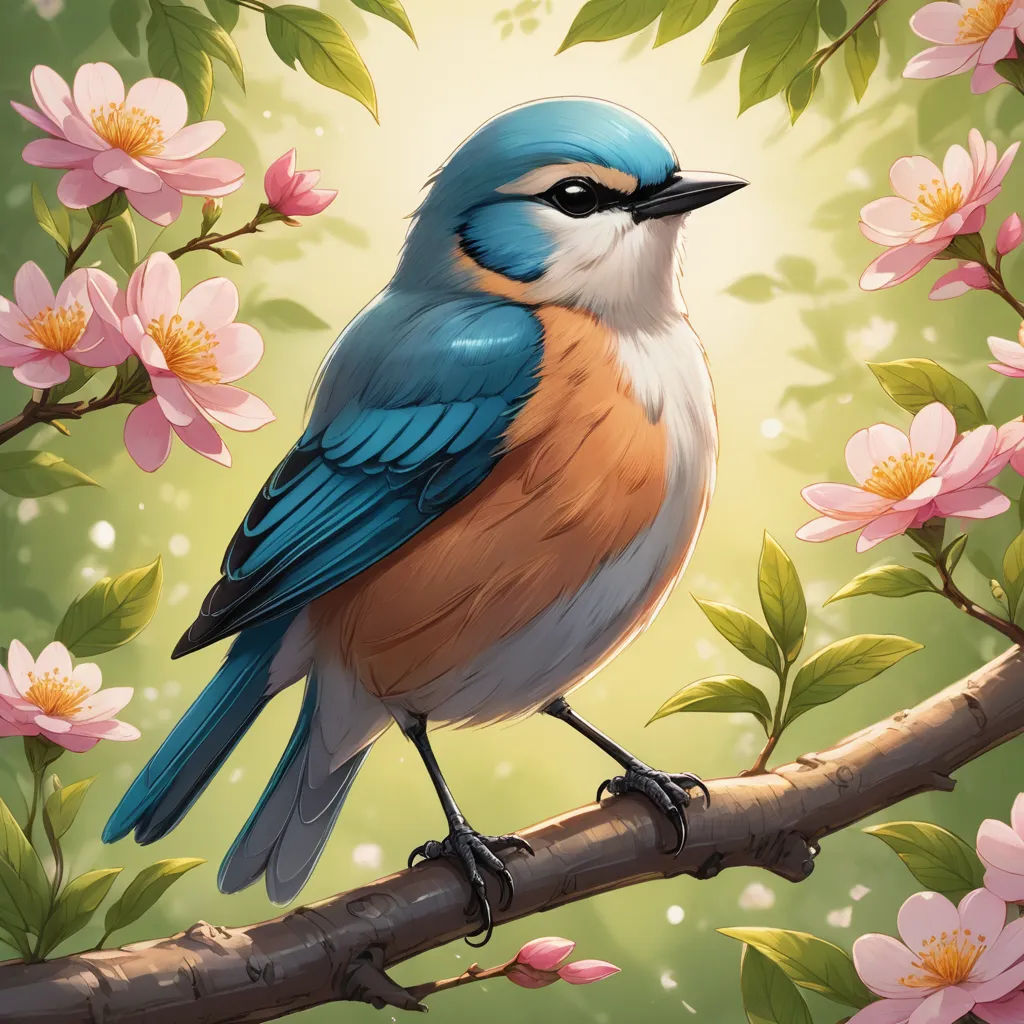 a bird sitting on a branch with pink flowers in the background and a sunburst in the background, altermodern, a digital painting, Chris LaBrooy, birds