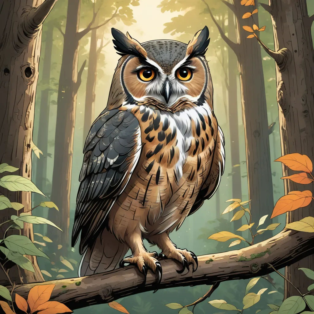 a bird sitting on a branch in a forest with leaves and trees around it, with a yellow light shining on the background, fantasy art, a storybook illustration, Dan Mumford, magic the gathering artwork