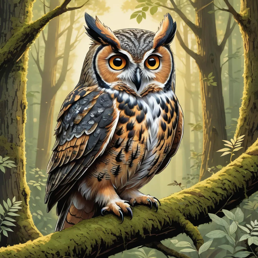 a painting of an owl sitting on a branch in a forest with trees and leaves around it, with a yellow - eyed owl in the foreground, fantasy art, a digital painting, Dan Mumford, highly detailed digital painting