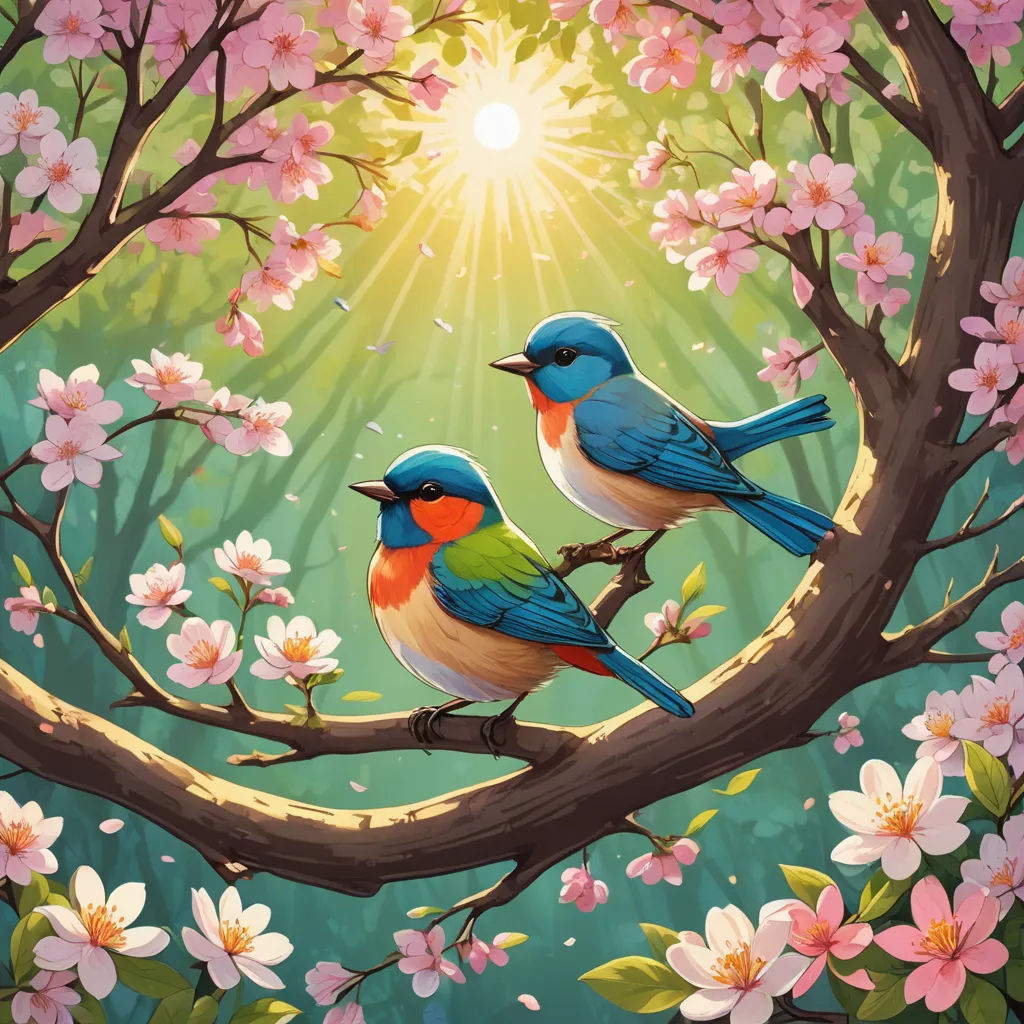two birds sitting on a branch of a tree with pink flowers and a sun shining in the background with a bright light, fantasy art, a digital painting, Chris LaBrooy, birds