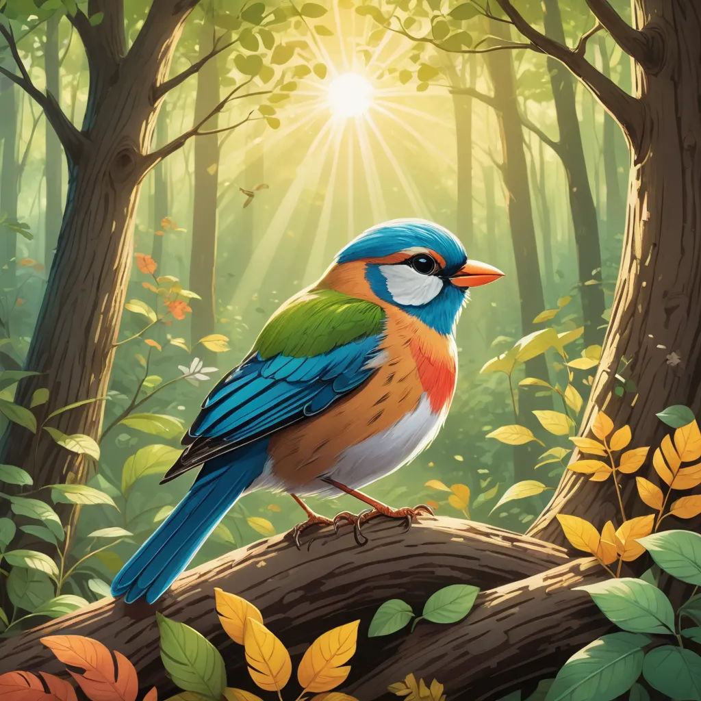 a bird sitting on a branch in a forest with sun shining through the trees and leaves on the ground, altermodern, a storybook illustration, Chris LaBrooy, birds