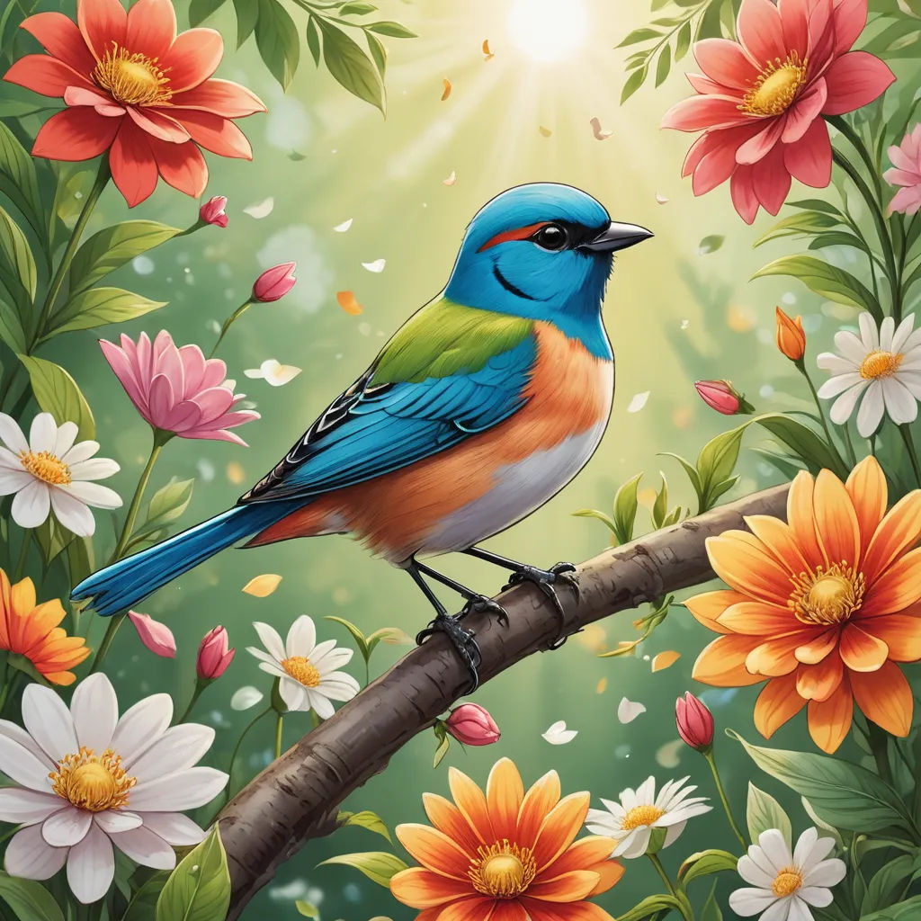 a bird sitting on a branch surrounded by flowers and leaves with the sun shining in the background and a background of flowers, fantasy art, a digital painting, David Martin, highly detailed digital painting