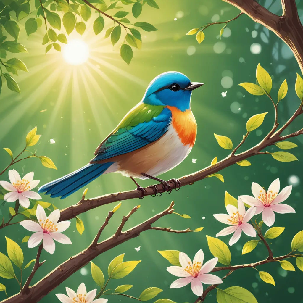 a bird sitting on a branch with flowers and leaves around it, with the sun shining through the leaves, fantasy art, a digital painting, David Martin, birds