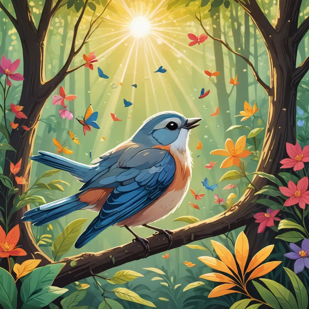 a bird sitting on a branch in a forest with butterflies around it and the sun shining through the trees, fantasy art, a storybook illustration, Chris LaBrooy, rossdraws global illumination
