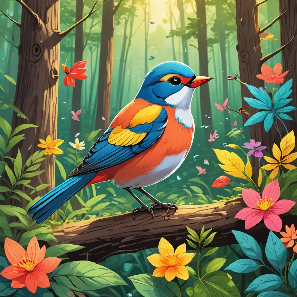 a bird sitting on a branch in a forest with flowers and butterflies around it, with a sunbeam in the background, fantasy art, a storybook illustration, Chris LaBrooy, birds