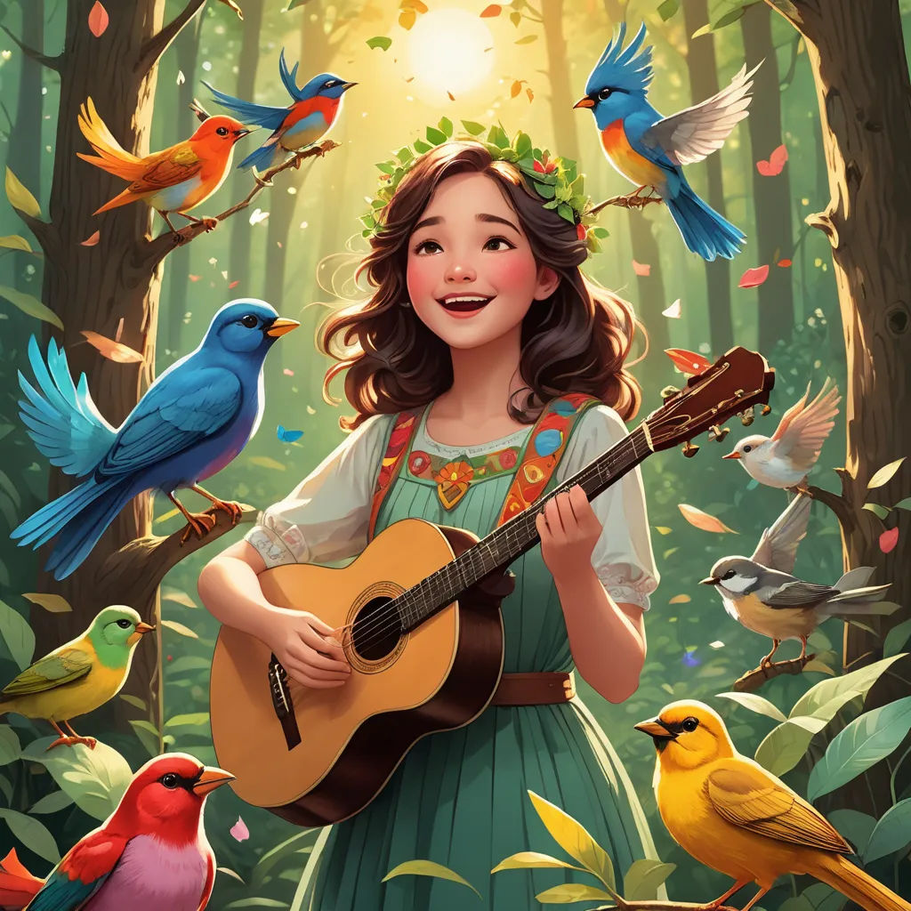 a girl with a guitar surrounded by birds in the forest with a sunbeam in the background and a forest scene with birds, fantasy art, a storybook illustration, Chen Hong, trending on art station