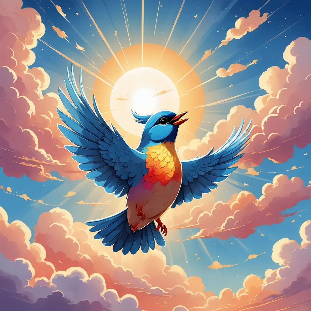 a bird flying through the air with a sun in the background and clouds in the foreground with a bright sun, generative art, a digital painting, Chris LaBrooy, rossdraws global illumination