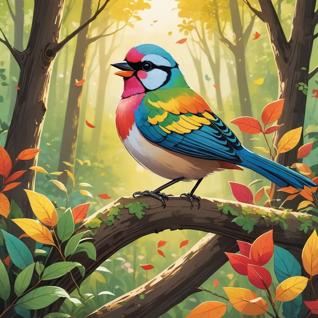 a colorful bird sitting on a branch in a forest with leaves and trees in the background, with a sunbeam in the background, fantasy art, a digital painting, Chris LaBrooy, birds