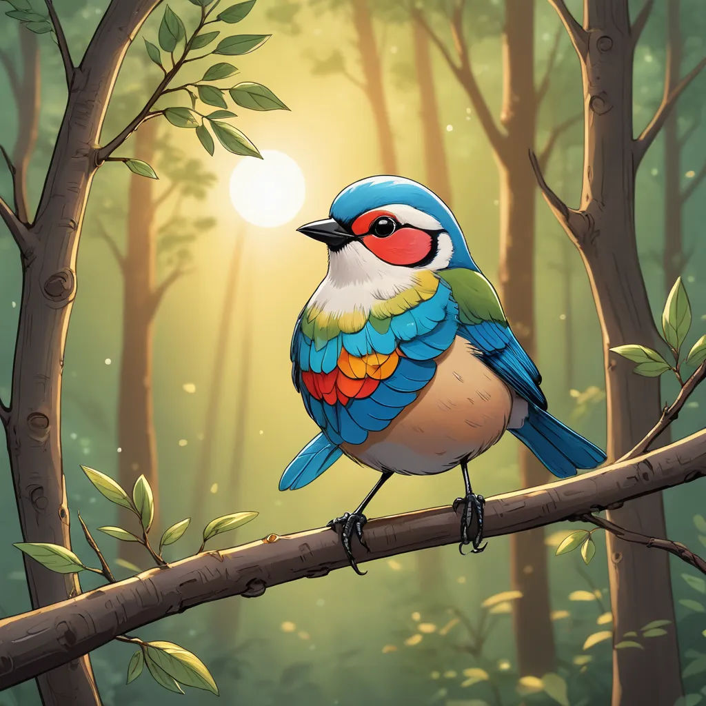 a bird sitting on a branch in a forest with a bright sun in the background and a tree branch with leaves, fantasy art, a digital painting, Chris LaBrooy, rossdraws global illumination