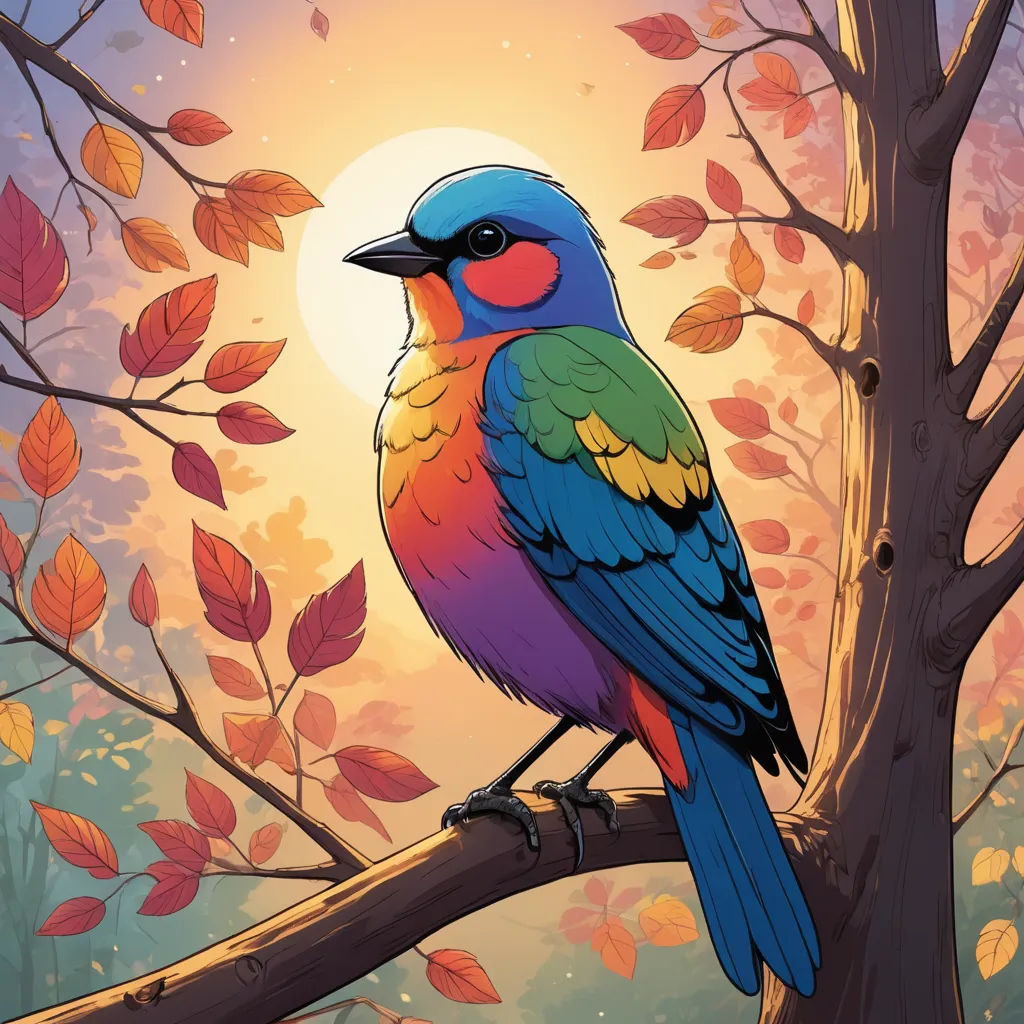 a colorful bird sitting on a tree branch in front of a full moon and leaves in the background,, fantasy art, a comic book panel, Dan Mumford, josan gonzales and dan mumford