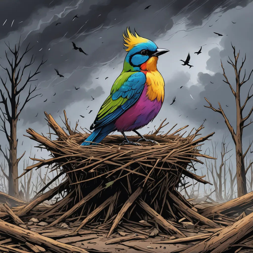 a colorful bird sitting on top of a pile of sticks in a forest filled with birds flying overhead and a dark sky, altermodern, a comic book panel, Dan Mumford, josan gonzales and dan mumford