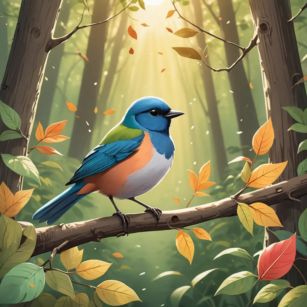 a bird sitting on a branch in a forest with leaves and sun shining through the trees behind it,, american scene painting, a storybook illustration, Chris LaBrooy, rossdraws global illumination