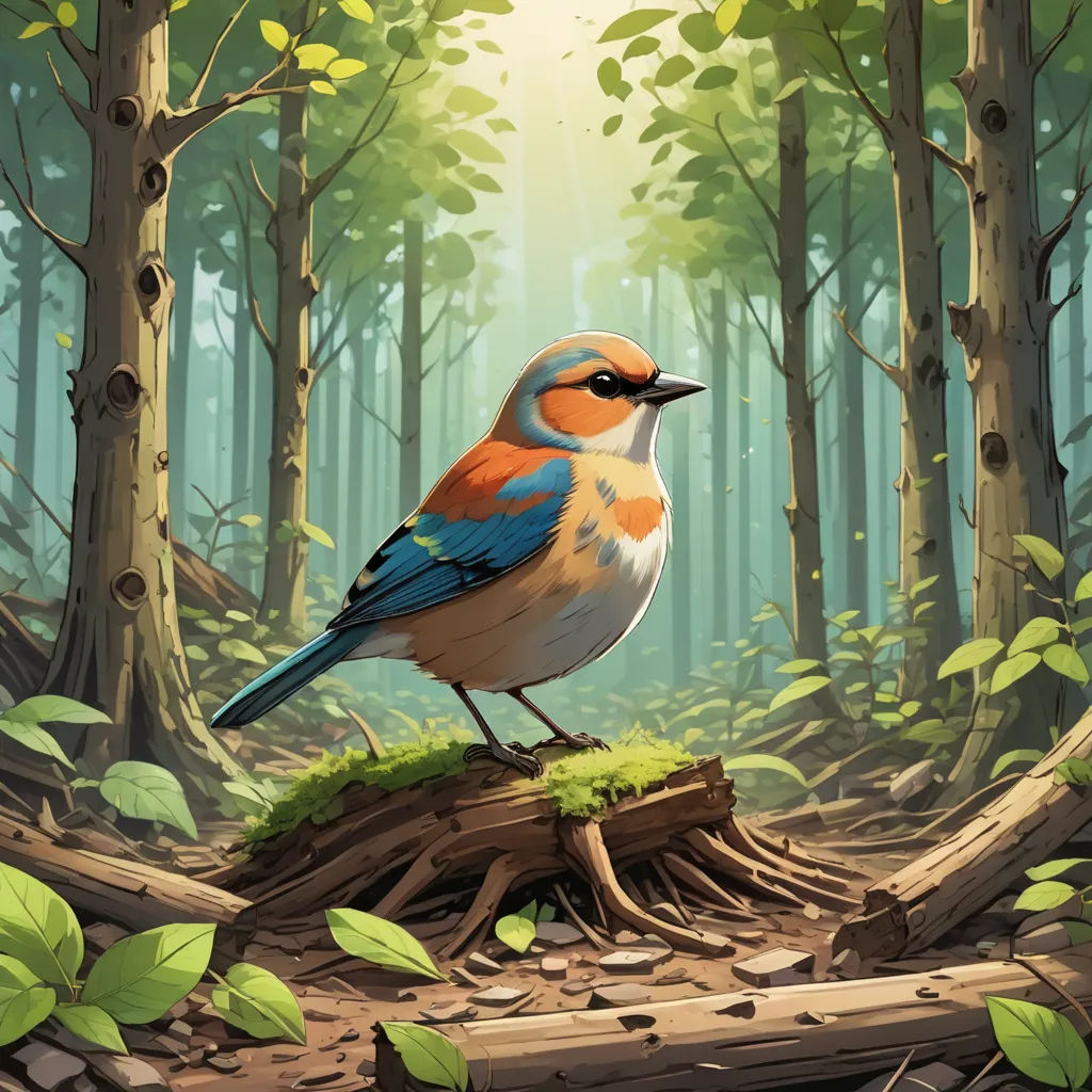 a bird sitting on a log in a forest with green leaves and a sunbeam in the background,, environmental art, a storybook illustration, Dan Mumford, magic the gathering artwork