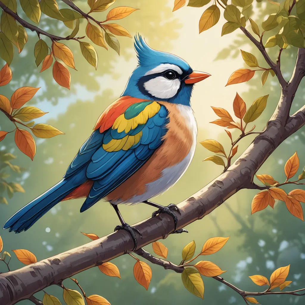 a bird sitting on a branch with leaves around it and a sky background with trees and leaves in the background, altermodern, a digital painting, Chris LaBrooy, birds