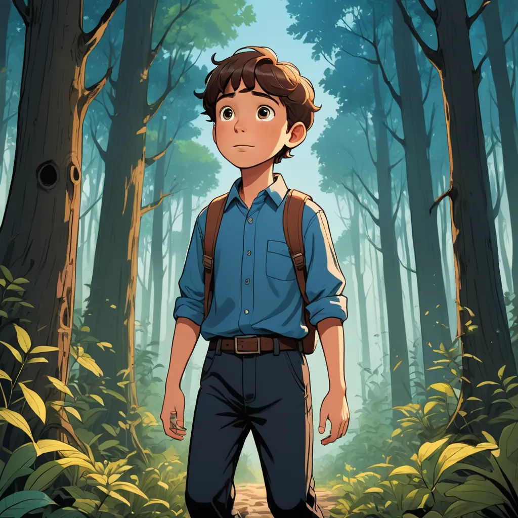 a boy in a blue shirt and a backpack in a forest with trees and bushes on either side of him, serial art, concept art, Diego Gisbert Llorens, rossdraws global illumination
