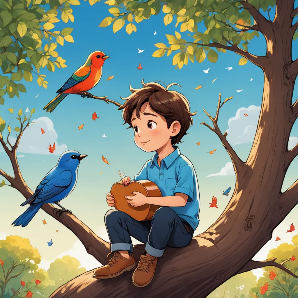 a boy sitting on a tree branch with a bird on his shoulder and a bird on his shoulder, and a bird on his shoulder, art & language, a storybook illustration, Diego Gisbert Llorens, storybook illustration