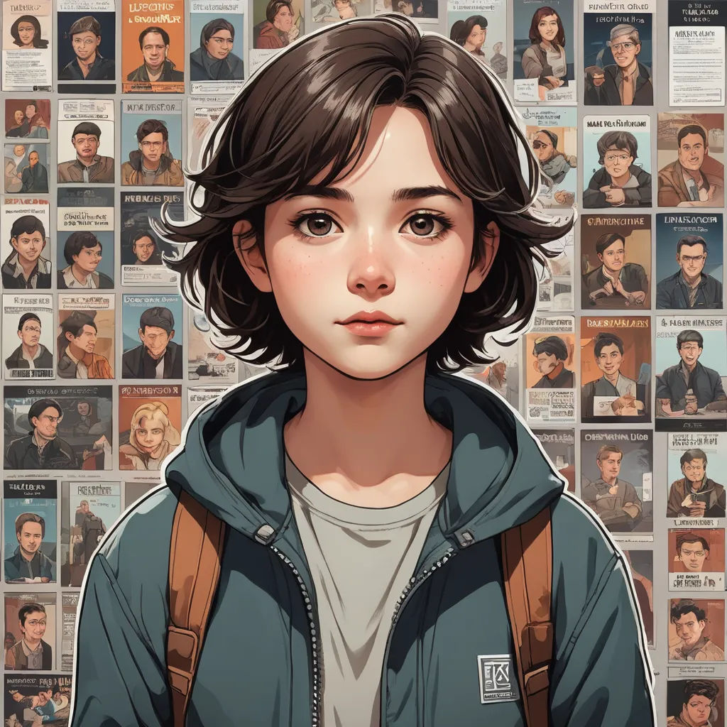 a young boy with a backpack standing in front of a wall of people's faces and posters of them, serial art, a character portrait, Artgerm, stanley artgerm lau