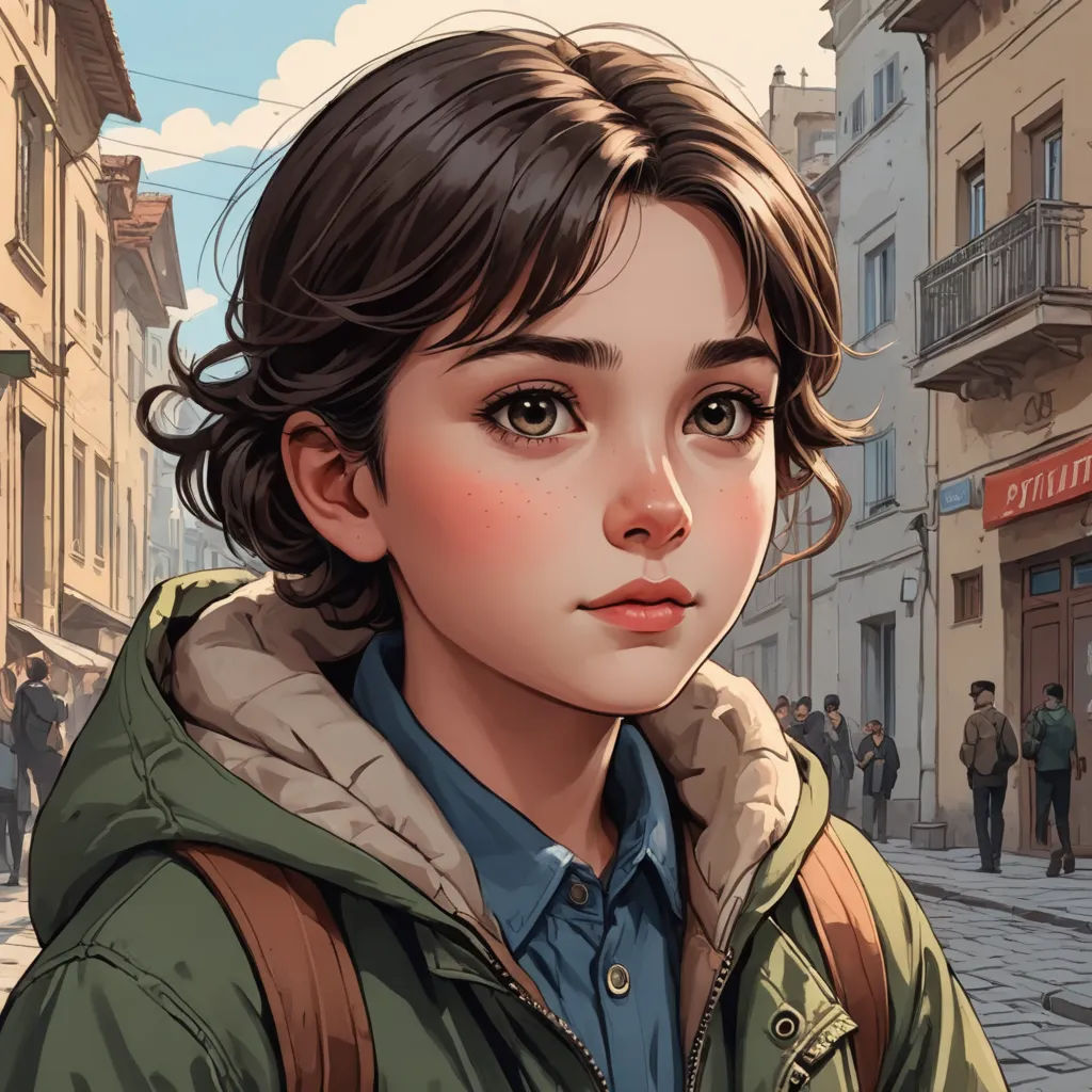 a young girl is standing in the street with a backpack on her shoulder and a man in the background, fantasy art, a detailed painting, Atey Ghailan, stanley artgerm lau