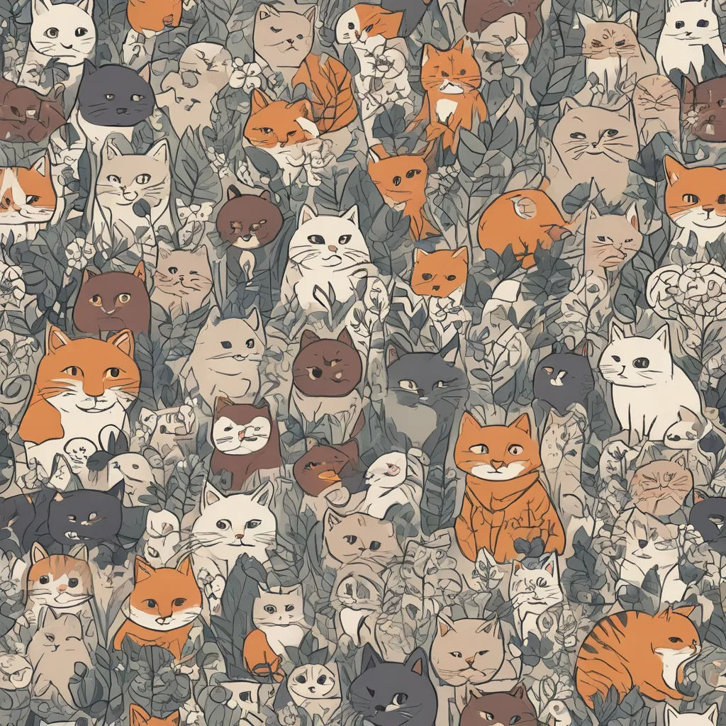a large group of cats are standing together in a field of grass and plants, all looking different directions, furry art, a detailed drawing, Annabel Kidston, detailed illustration