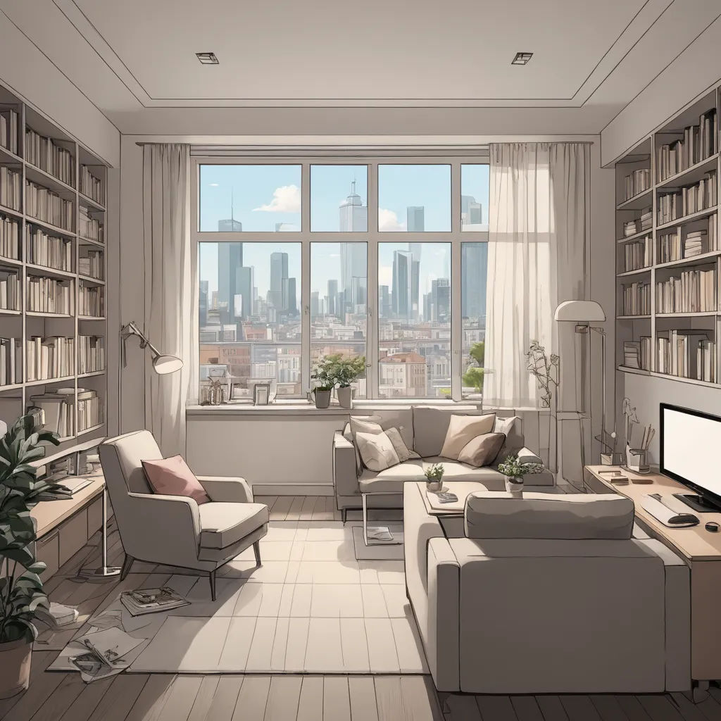 a living room with a couch, chair, bookshelf and a tv in it's center, modern european ink painting, a digital rendering, Evgeny Lushpin, unreal render