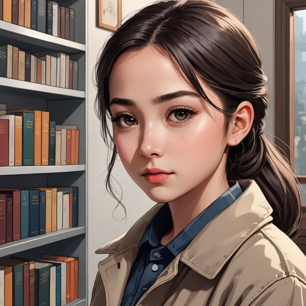 a girl in a library with bookshelves and a window in the background, looking at the camera, academic art, a detailed painting, Artgerm, stanley artgerm lau