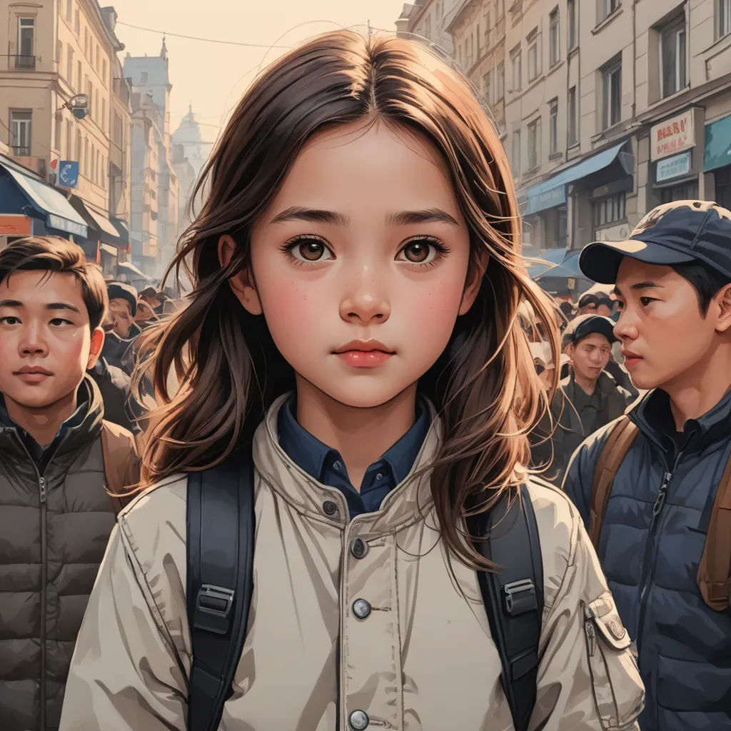 a painting of a girl in a crowd of people in a city street with buildings in the background and a man in a baseball cap, photorealism, a detailed painting, Artgerm, stanley artgerm lau
