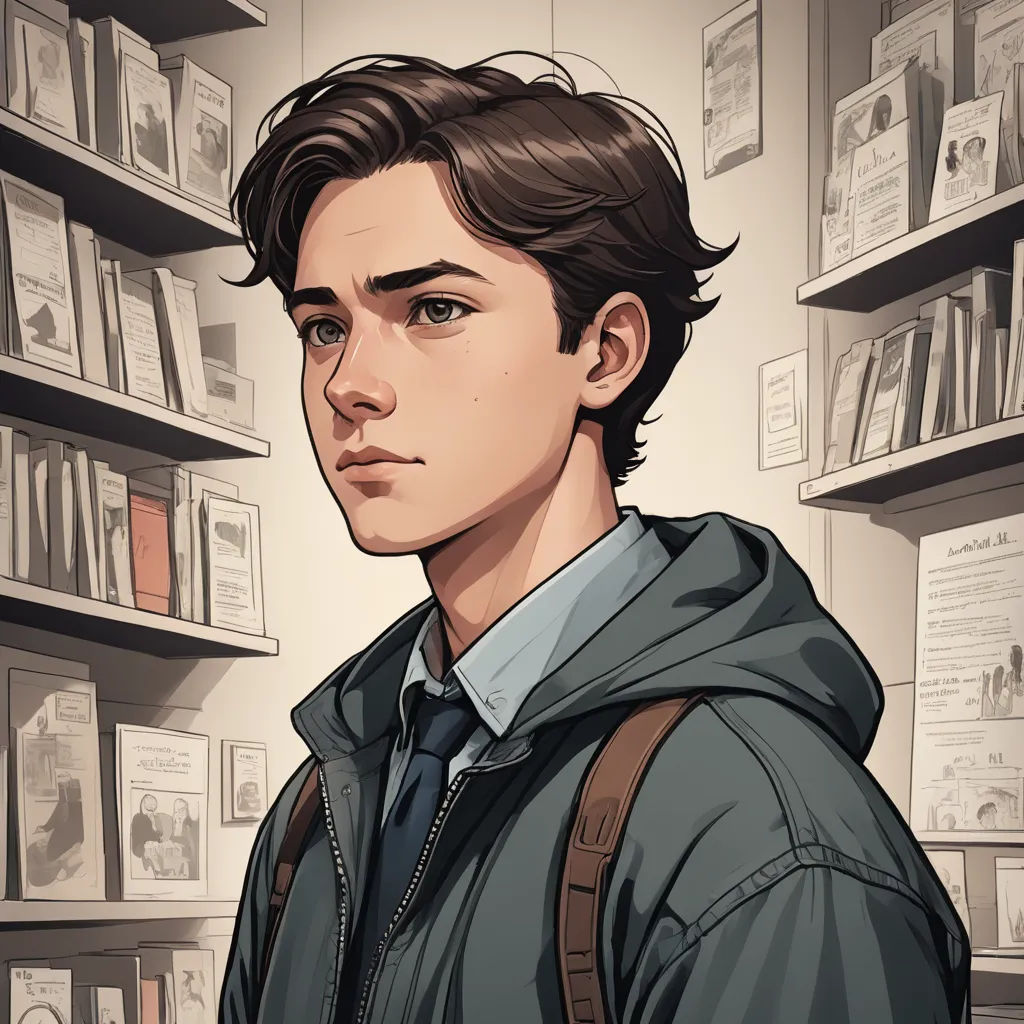 a man with a backpack standing in front of a book shelf filled with books and bookshelves with books, sots art, a character portrait, Cedric Seaut (Keos Masons), character portrait