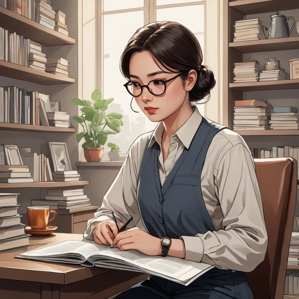a woman sitting at a desk with a book and pen in her hand and a cup of coffee in front of her, academic art, a character portrait, Chen Lin, trending on art station