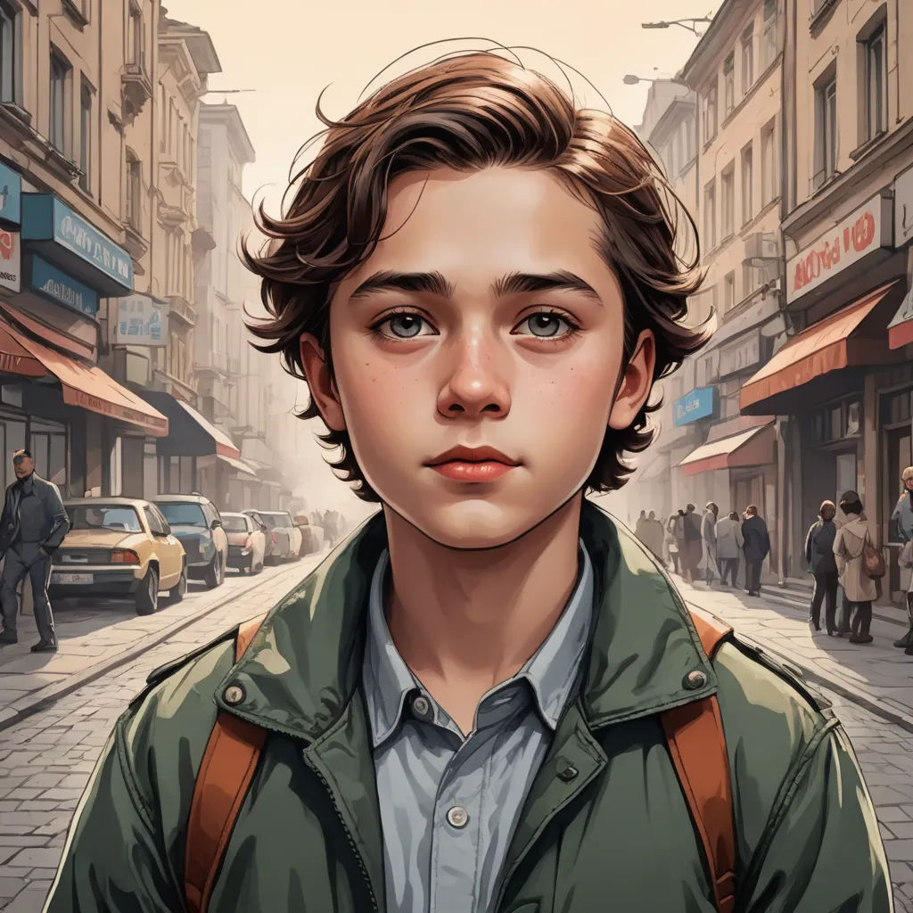 a boy with a backpack on a city street with a street sign in the background and a man in a green jacket, photorealism, a character portrait, Aaron Jasinski, stanley artgerm lau