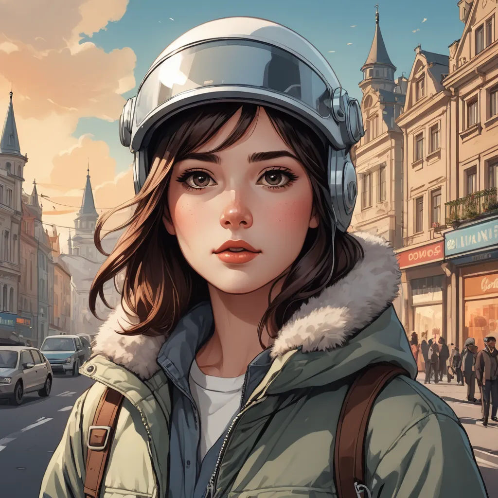 a woman in a helmet is standing on a street corner in front of a building and a crowd of people, fantasy art, a comic book panel, Atey Ghailan, trending on art station