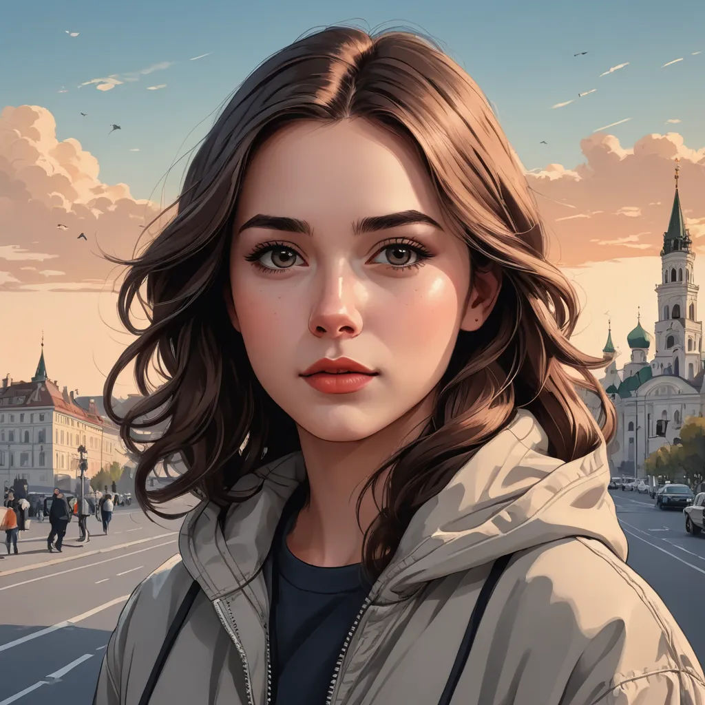 a painting of a woman standing on a street corner with a city in the background and a sky with clouds, photorealism, a detailed painting, Alena Aenami, trending on art station