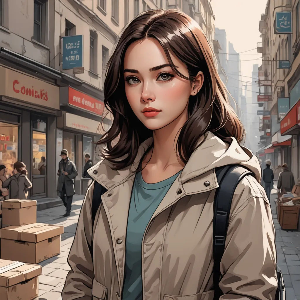 a woman in a trench coat is standing on a street corner with boxes on the sidewalk and people walking on the sidewalk, fantasy art, a detailed painting, Artgerm, stanley artgerm lau