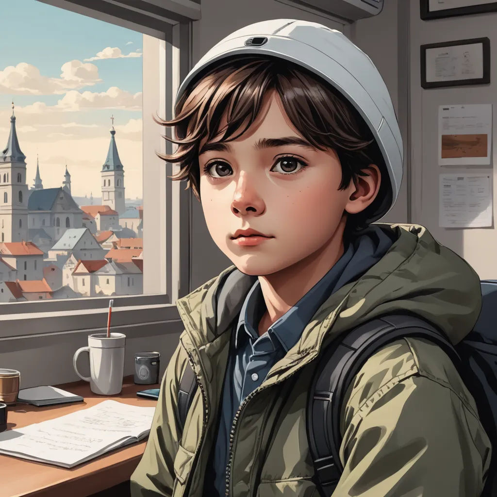 a boy with a backpack sitting at a desk in front of a window with a view of a city, photorealism, a detailed painting, Aaron Jasinski, stanley artgerm lau