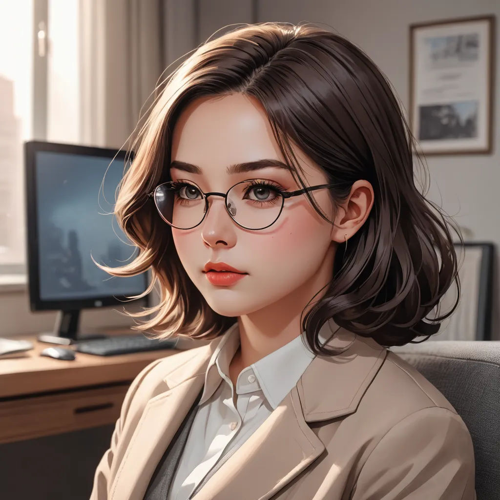 a woman with glasses sitting in front of a computer desk with a monitor on it's side and a computer on the desk, computer art, a detailed painting, Artgerm, anime art style