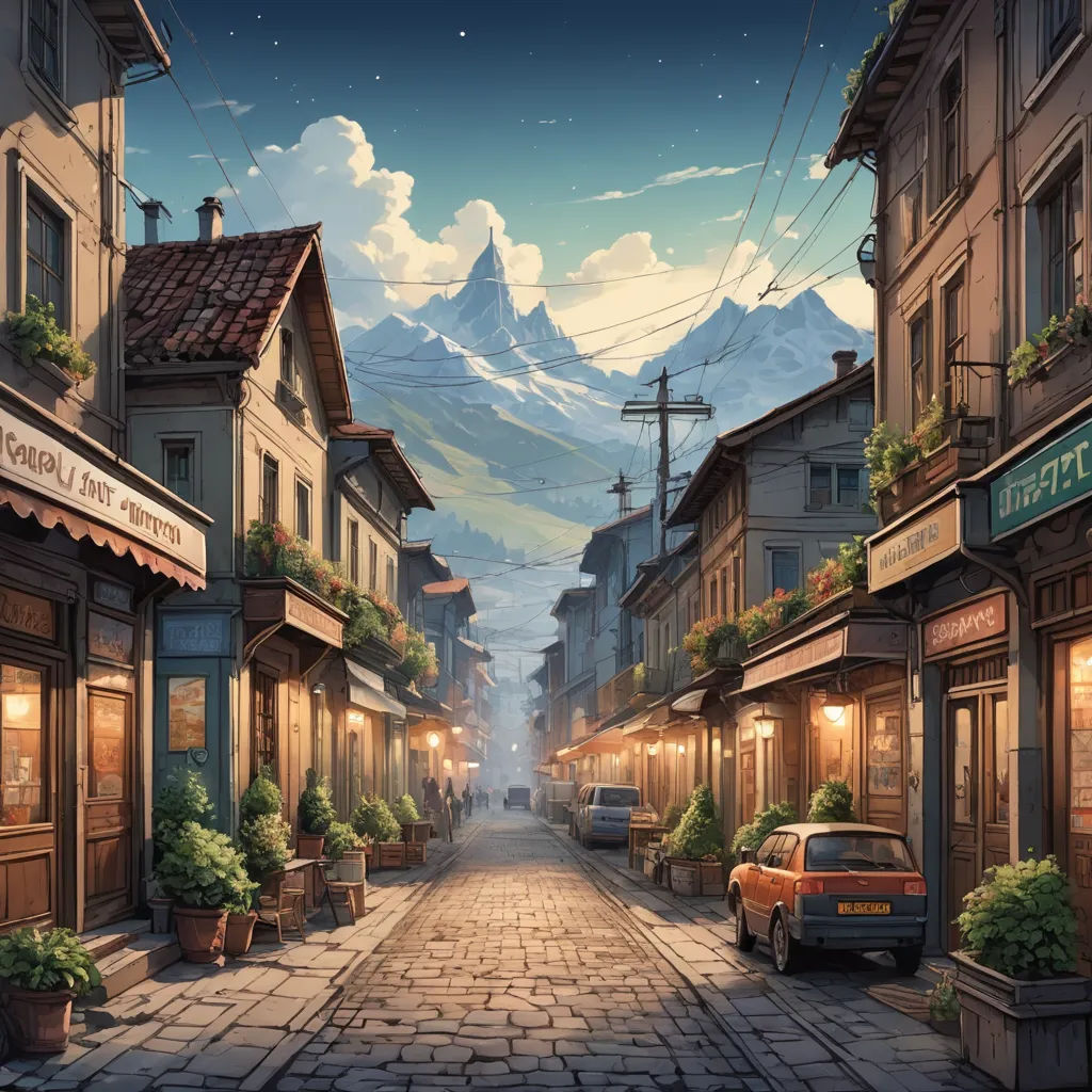 a painting of a street with a mountain in the background and a car parked on the side of the road, photorealism, a detailed matte painting, Evgeny Lushpin, matte painting